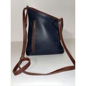 Vera Pelle Leather Cross Body Bag Navy/Brown Made In Italy Adjustable Strap